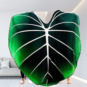 leaf blanket, big green leaf blanket shape,soft plush flannel throw decorative leaves design for plant lovers bed couch and sofa（60x78inch
