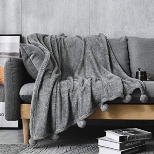 i' hermu plush throw blanket for couch (large 51‘’x 63‘’, grey with pom poms fringe) fuzzy fluffy plush soft cozy warm fleece throw for bed, sofa