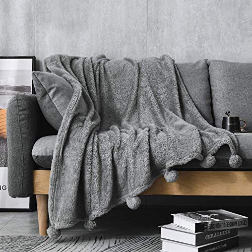 I' HERMU Plush Throw Blanket for Couch (Large 51‘’x 63‘’, Grey with Pom Poms Fringe) Fuzzy Fluffy Plush Soft Cozy Warm Fleece Throw for Bed, Sofa