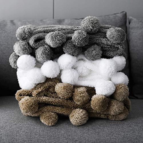 I' HERMU Plush Throw Blanket for Couch (Large 51‘’x 63‘’, Grey with Pom Poms Fringe) Fuzzy Fluffy Plush Soft Cozy Warm Fleece Throw for Bed, Sofa