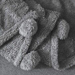 I' HERMU Plush Throw Blanket for Couch (Large 51‘’x 63‘’, Grey with Pom Poms Fringe) Fuzzy Fluffy Plush Soft Cozy Warm Fleece Throw for Bed, Sofa