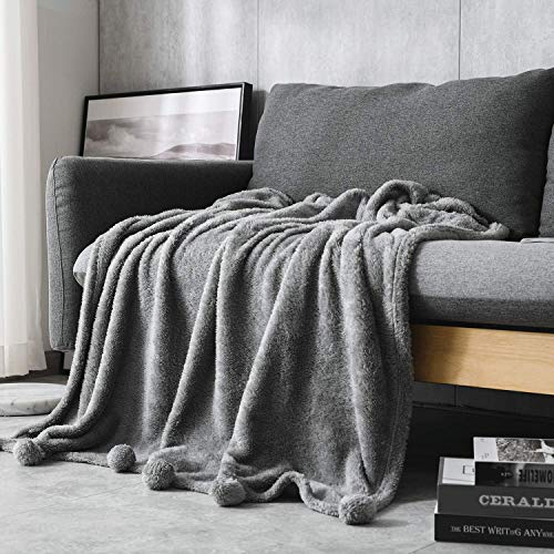 I' HERMU Plush Throw Blanket for Couch (Large 51‘’x 63‘’, Grey with Pom Poms Fringe) Fuzzy Fluffy Plush Soft Cozy Warm Fleece Throw for Bed, Sofa