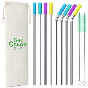 8 piece 12 inch extra long metal straws, 8mm reusable stainless steel thick drinking straws with silicone tips and cleaning brush, for tall tumblers 40 ounce, silver