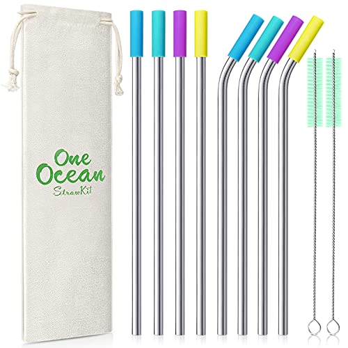 8 Piece 12 Inch Extra Long Metal Straws, 8mm Reusable Stainless Steel Thick Drinking Straws with Silicone Tips and Cleaning Brush, for Tall Tumblers 40 Ounce, Silver