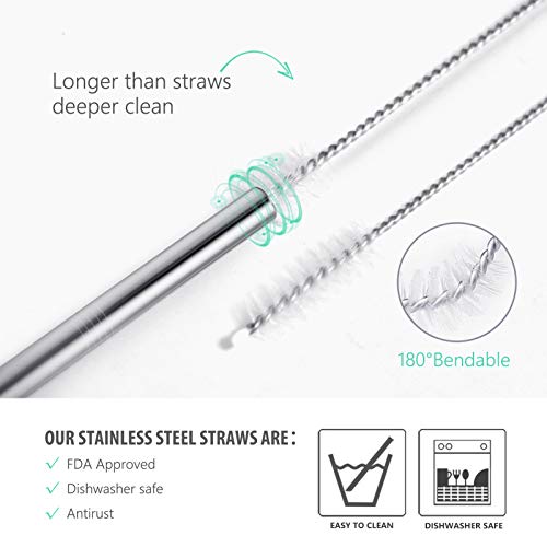 8 Piece 12 Inch Extra Long Metal Straws, 8mm Reusable Stainless Steel Thick Drinking Straws with Silicone Tips and Cleaning Brush, for Tall Tumblers 40 Ounce, Silver