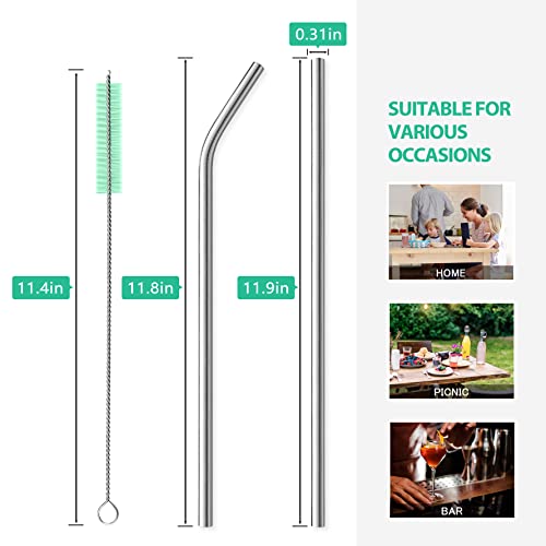 8 Piece 12 Inch Extra Long Metal Straws, 8mm Reusable Stainless Steel Thick Drinking Straws with Silicone Tips and Cleaning Brush, for Tall Tumblers 40 Ounce, Silver