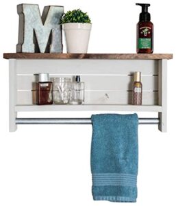 bathroom shelf with towel bar | solid wood | wall mount | modern farmhouse decor | 12 x 24 inch (whitewash)