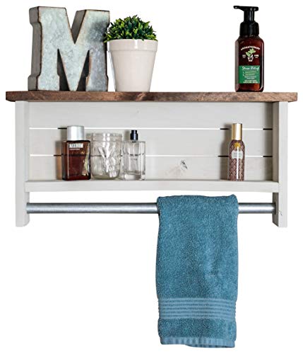 Bathroom Shelf with Towel Bar | Solid Wood | Wall Mount | Modern Farmhouse Decor | 12 x 24 Inch (Whitewash)