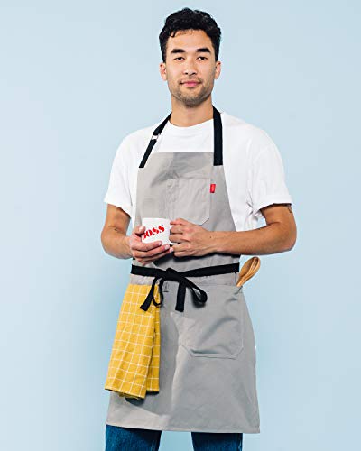 Caldo Daily Cotton Kitchen Apron for Cooking- Mens and Womens Professional Chef or Server Bib Apron - Adjustable Straps with Pockets and Towel Loop (Grey)