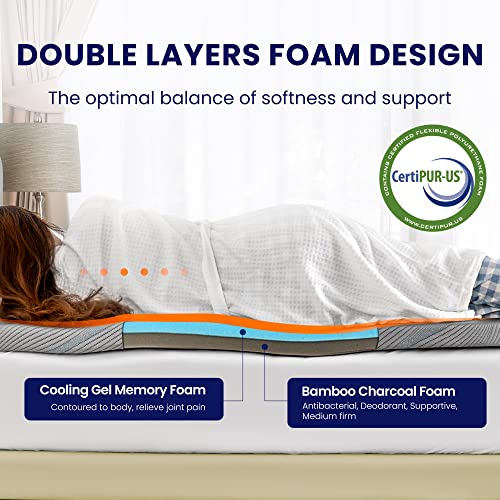 SLEEP ZONE 2 Inch Cooling Mattress Topper King Size - Medium Firm Gel Memory Foam Mattress Topper with Removable Cool Air-Layer Cover, King