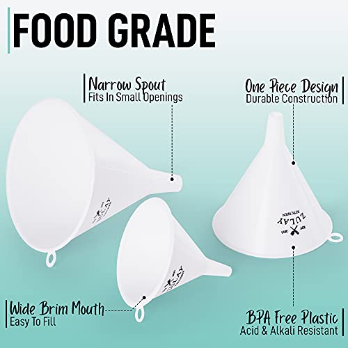 Zulay 3-Pieces Plastic Funnel Set - Large, Medium, and Small Kitchen Funnels for Filling Bottles - Food Grade Cooking Funnel Set of 3