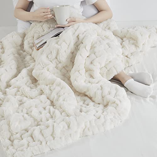 Madison Park Ruched Fur Luxury Throw Premium Soft Cozy Brushed Long Faux Fur For Bed, Couch or Sofa , 50x60" , Ivory