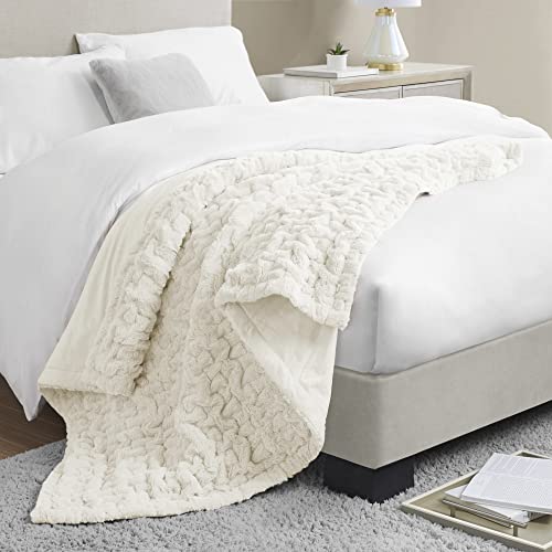 Madison Park Ruched Fur Luxury Throw Premium Soft Cozy Brushed Long Faux Fur For Bed, Couch or Sofa , 50x60" , Ivory