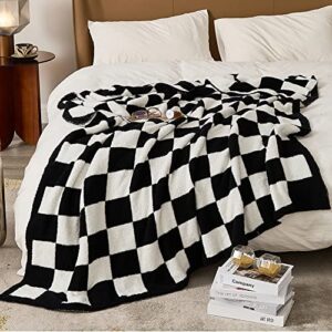 Throw Blankets Barefoot Checkerboard Gingham Warm Cozy Microfiber Reversible for Home Decor Bed Couch-Machine Washable (Classic Black,51"x63")