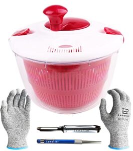 lemarsar's large salad spinner bundled with peeler, sharpener and uncut gloves - the ultimate tool for crispy lettuce, perfectly washed vegetables and fruits - 4 items