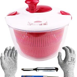 Lemarsar's Large Salad SPINNER BUNDLED with PEELER, SHARPENER and Uncut GLOVES - the Ultimate Tool for Crispy Lettuce, Perfectly washed Vegetables and Fruits - 4 ITEMS