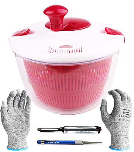 Lemarsar's Large Salad SPINNER BUNDLED with PEELER, SHARPENER and Uncut GLOVES - the Ultimate Tool for Crispy Lettuce, Perfectly washed Vegetables and Fruits - 4 ITEMS