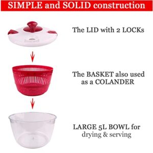 Lemarsar's Large Salad SPINNER BUNDLED with PEELER, SHARPENER and Uncut GLOVES - the Ultimate Tool for Crispy Lettuce, Perfectly washed Vegetables and Fruits - 4 ITEMS