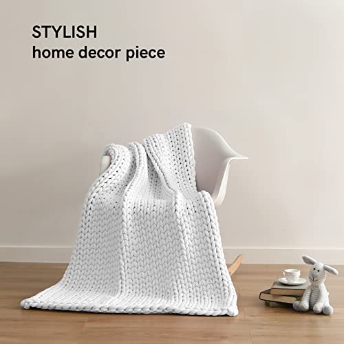 YnM Chunky Throw Blanket, Medium-Weight, Hand Knitted, Skin Friendly, Ventilated and Breathable, Machine Washable, Home Décor Piece for Couch, Sofa and Bed (White, 40x50 Inch)