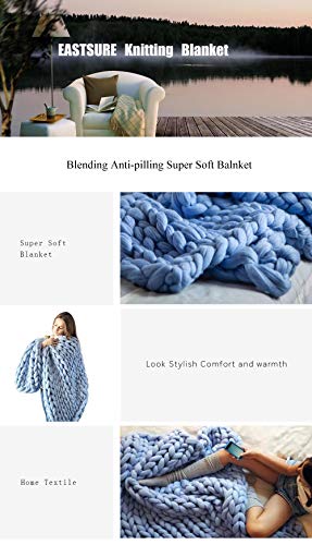 EASTSURE Chunky Knit Blanket Bulky Throw Merino Wool Hand Made Bed Sofa Throw Super Large,Sky Blue,40"x59"