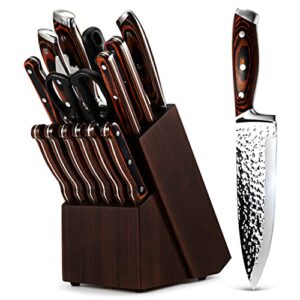 kitchen knife set,15-piece knife set with block wooden,self sharpening for chef knife set,high carbon japan stainless steel hammered collection knife block set with steak knives, boxed knife sets