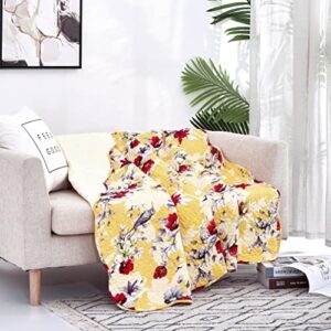 dada bedding yellow floral lap quilt - quilted throw blanket - hummingbirds farmhouse red flowers for couch, sofa or bed- scalloped edges bright vibrant for biophilic design - 50 x 60