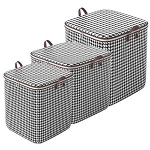 houndstooth storage boxes 3pc, large clothes blanket storage bags, storage containers with handles, closet organizers and storage bins for comforter clothing toys bed sheets pillows, portable dorm storage containers with lids (3pc)