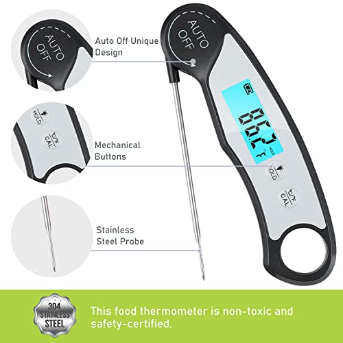 Meat Thermometer for Grill,Cooking and BBQ.Waterproof Instant Read Food Thermometer with Backlight,Calibration and Power Display.Digital Food Probe for Candy,Oil,Liquid.(Black-Silver)