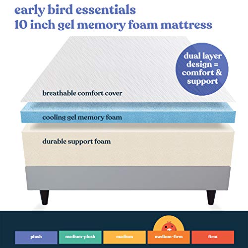 EARLY BIRD Essentials 10 Inch Gel Memory Foam Mattress, Twin, Dual Layer Comfort