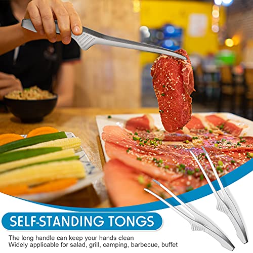 Korean and Japanese BBQ Tongs Self-Standing Grill Tongs Non-Slip Cooking Utensils Stainless Steel Tongs for Serving Food, Salad, Camping, Barbecue, Buffet, Oven with Support Stand (Silver,4 Pieces)