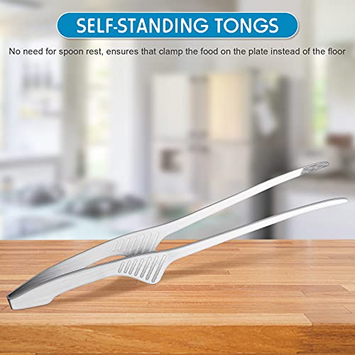 Korean and Japanese BBQ Tongs Self-Standing Grill Tongs Non-Slip Cooking Utensils Stainless Steel Tongs for Serving Food, Salad, Camping, Barbecue, Buffet, Oven with Support Stand (Silver,4 Pieces)