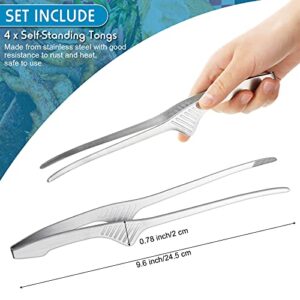 Korean and Japanese BBQ Tongs Self-Standing Grill Tongs Non-Slip Cooking Utensils Stainless Steel Tongs for Serving Food, Salad, Camping, Barbecue, Buffet, Oven with Support Stand (Silver,4 Pieces)