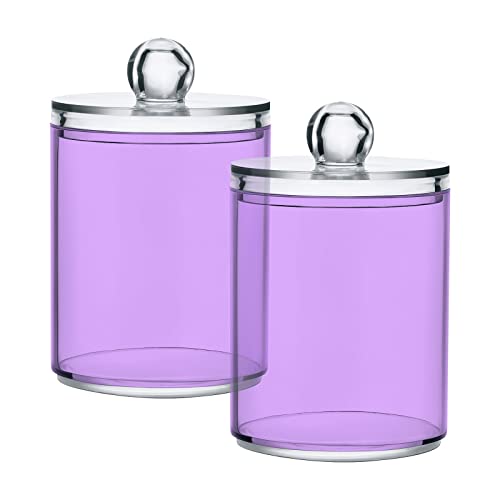 JUMBEAR 4 Pack Light Purple Solid Color Qtip Holder Dispenser with Lid 14 oz Clear Plastic Apothecary Jar Set for Bathroom Vanity Organizers Storage Containers