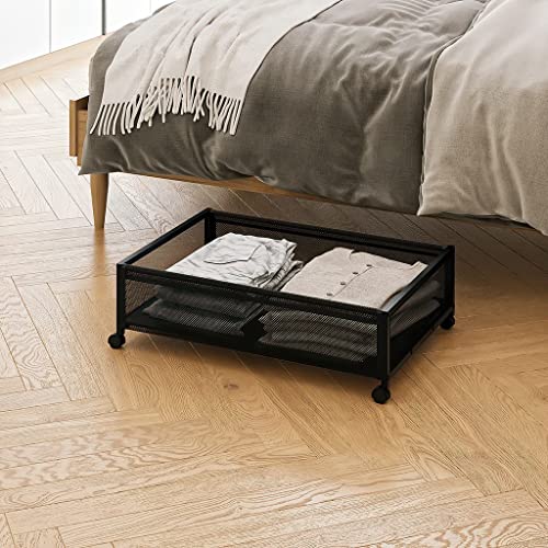 JEMMCO Under Bed Metal Storage Basket, Under Bed Storage with Wheels, Rolling Storage, Underbed Storage Drawer for Shoes, Clothes, Toys, Blankets and Bedding Comforters, Black (Color : Without lid)