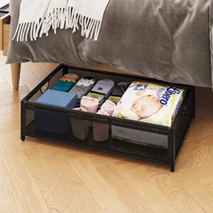 JEMMCO Under Bed Metal Storage Basket, Under Bed Storage with Wheels, Rolling Storage, Underbed Storage Drawer for Shoes, Clothes, Toys, Blankets and Bedding Comforters, Black (Color : Without lid)