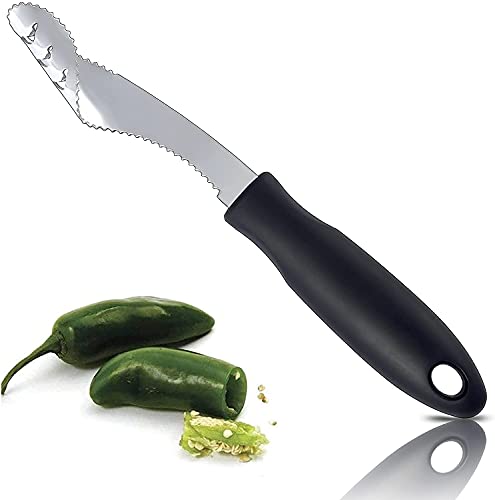 Jalapeno Pepper Corer,FIOTOK Stainless Steel Chili Corer Remover kitchen Tool with Serrated Slice and Rubber Handle Easily Seed Remover or Slice off Vegetables tops for Barbecue Roasting Peppers