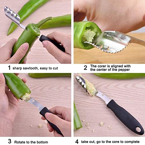 Jalapeno Pepper Corer,FIOTOK Stainless Steel Chili Corer Remover kitchen Tool with Serrated Slice and Rubber Handle Easily Seed Remover or Slice off Vegetables tops for Barbecue Roasting Peppers