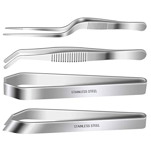 4 Pieces Fish Bone Tweezers Set, Two 4.6" Stainless Steel Tweezer and Two 5.5" Tongs for Cooking Food Design styling.