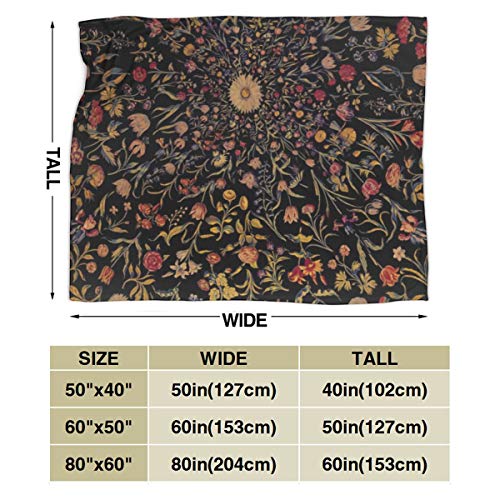 Flannel Plush Cute Throw Blanket, Medieval Flowers On Black Vintage Florals Garden Pattern Blankets for Better Relaxing Work Decorative, Air Conditioning Blanket and Quality Easy Care 80" x 60"