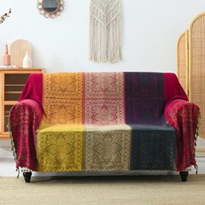y-plwomen bohemian chenille throw blanket for couch, woven jacquard boho blankets wiz tassel, hippie tribal blanket for bed sofa recliner loveseat decor(red yellow, 60x75)