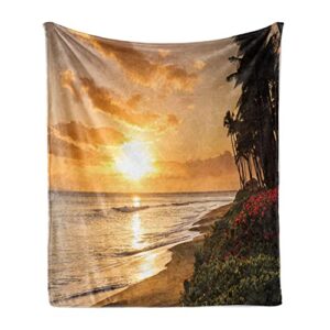 ambesonne hawaiian soft flannel fleece throw blanket, warm tropical sunset on sands of kaanapali beach in maui hawaii traveling, cozy plush for indoor and outdoor use, 50" x 60", cream ivory