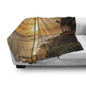 Ambesonne Hawaiian Soft Flannel Fleece Throw Blanket, Warm Tropical Sunset on Sands of Kaanapali Beach in Maui Hawaii Traveling, Cozy Plush for Indoor and Outdoor Use, 50" x 60", Cream Ivory