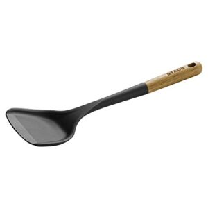 staub wok spatula, perfect for scooping, flipping, stirring, and turning stir fries, one size, durable bpa-free matte black silicone, acacia wood handles, safe for nonstick cooking surfaces