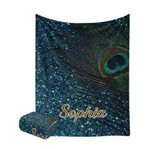 peacock feather printing personalized blanket with name super soft fleece throw blankets for bed couch birthday wedding gift 60 x 80 inch