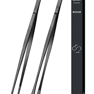 2 Pcs 12-inch Cooking Tweezers Tongs Precision Serrated Tips, Stainless Steel Professional Chef Tweezer Kitchen Tools for BBQ, Plating and Serving (Black)