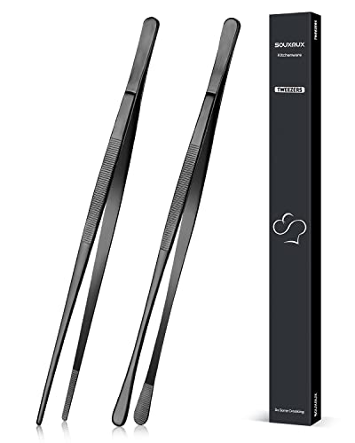 2 Pcs 12-inch Cooking Tweezers Tongs Precision Serrated Tips, Stainless Steel Professional Chef Tweezer Kitchen Tools for BBQ, Plating and Serving (Black)