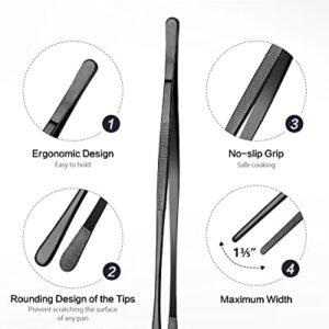 2 Pcs 12-inch Cooking Tweezers Tongs Precision Serrated Tips, Stainless Steel Professional Chef Tweezer Kitchen Tools for BBQ, Plating and Serving (Black)