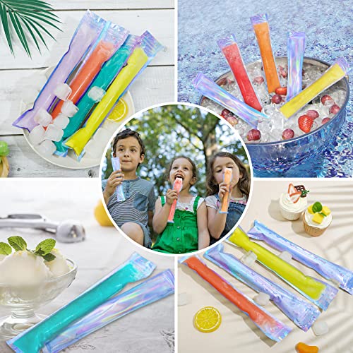 150 Pack Popsicle Bags, 11 x 1.96'' Ice Pop Bags for Kids Adults, BPA Free Freeze Pop Bags, DIY Yogurt Tubes Holographic Bags with Funnel for Healthy Snacks, Popsicles, Smoothies and Party Favor Food Storage