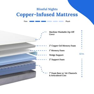 Blissful Nights 12 Inch California Split King Copper Infused Cool Memory Foam Mattress Developed for Adjustable Bed Bases with Medium Firm Feel Support and CertiPUR-US Certified