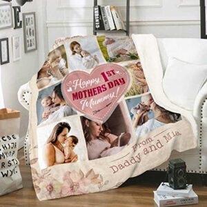 Basilius Happy 1st Mothers Day Blanket Custom Photo, Personalized First Mothers Day Blanket for Daughter for Wife, Photo Collage Blanket Throw for New Mom, 1st Time Mom Gifts